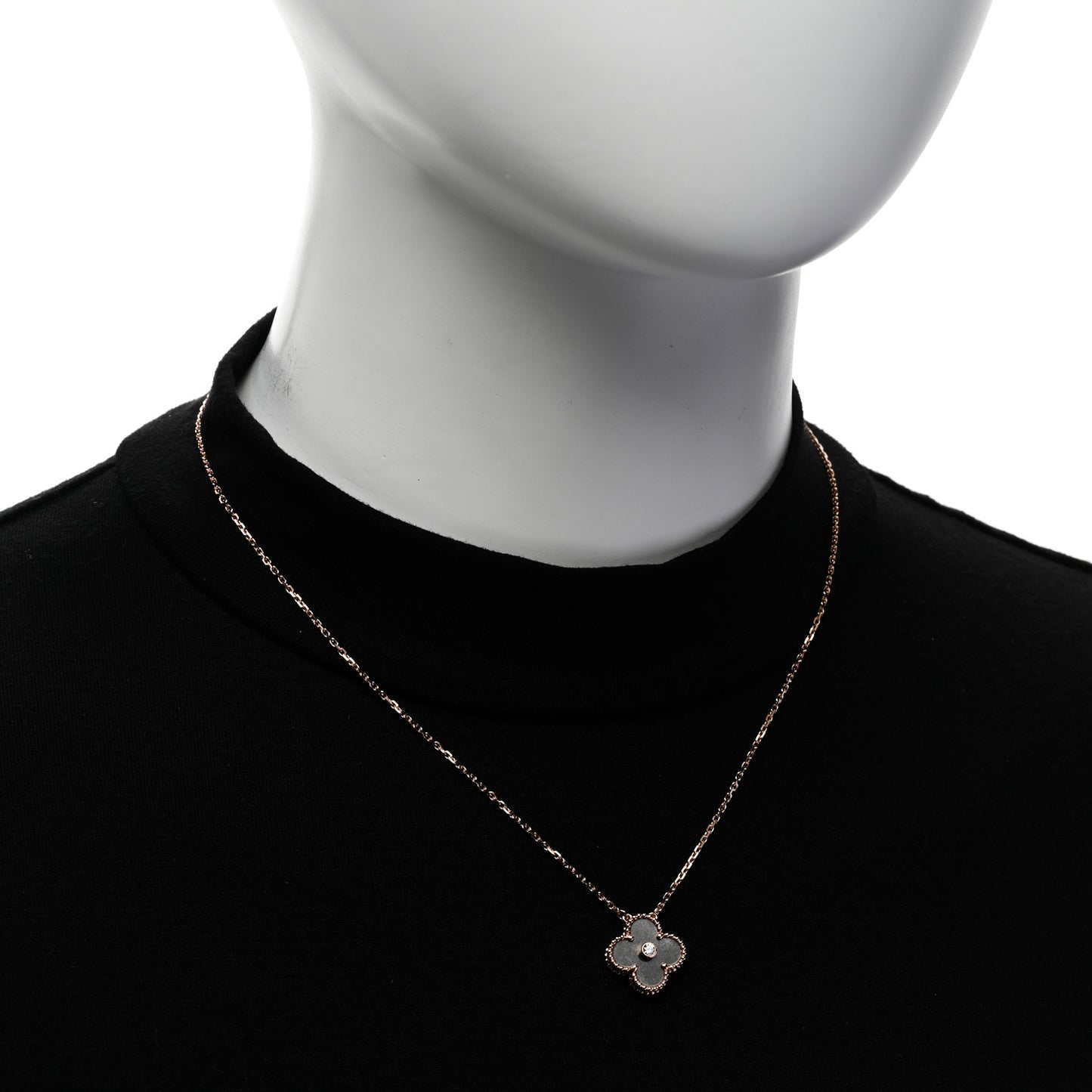 18K Rose Gold Diamond Silver Obsidian Vintage Alhambra Pendant Necklace