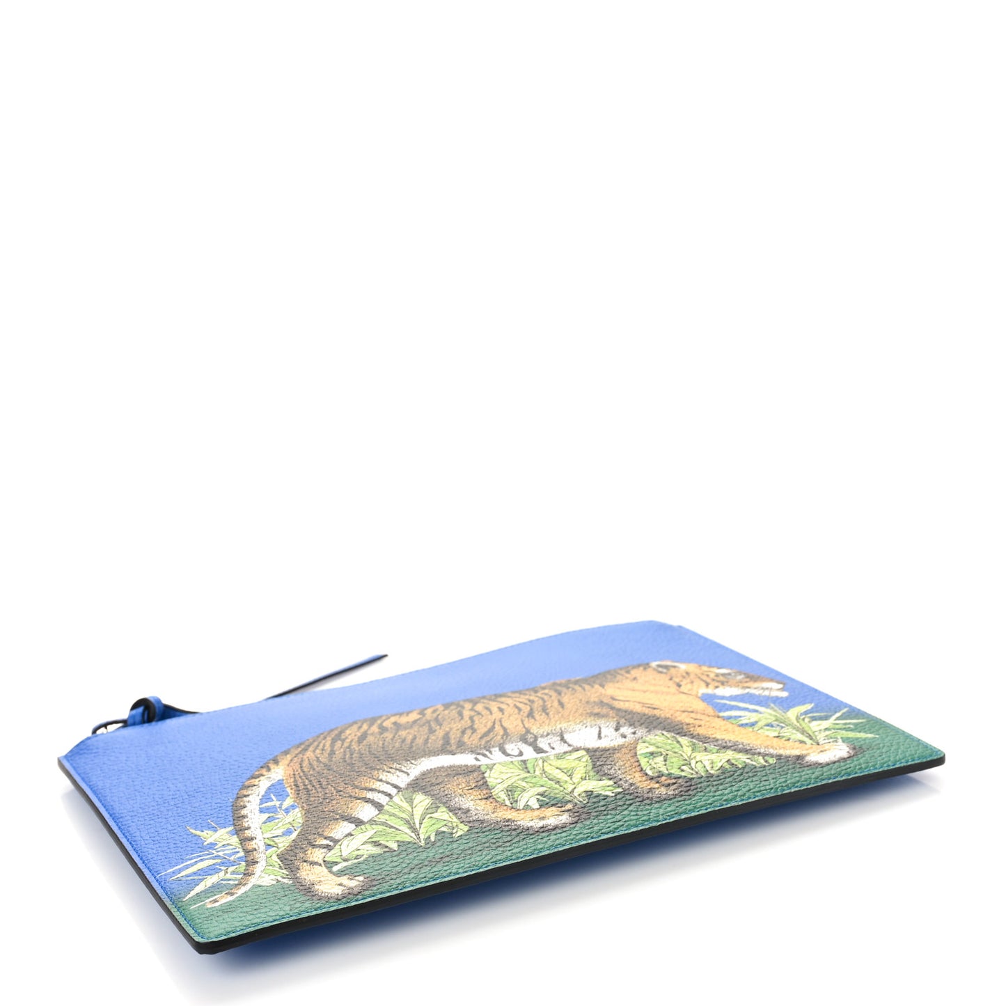 Pebbled Calfskin Tiger Print Zip Clutch Dark Sky