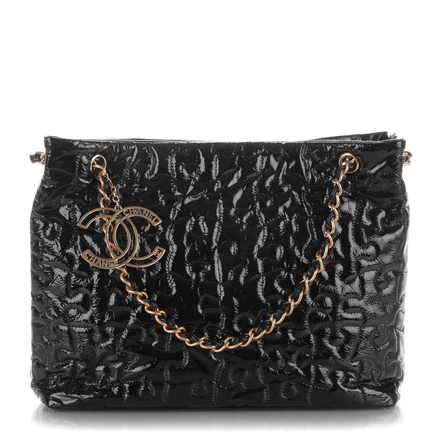 Crackled Patent Puzzle Tote Black