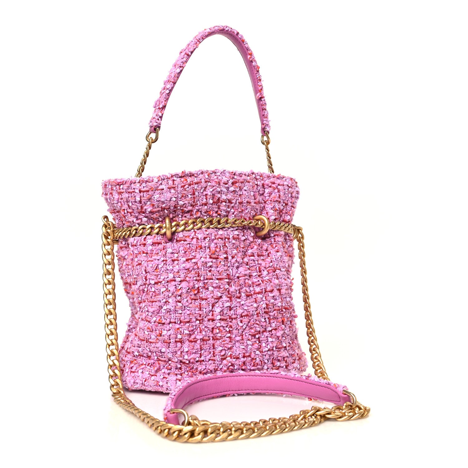 Chanel Tweed Enamel Quilted Pending CC Bucket Drawstring Bag Light Purple Pink Red 3 of 8