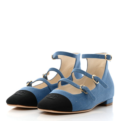 Chanel Denim Grosgrain Cap Toe Mary Jane Flats 37.5 Blue 3 of 9