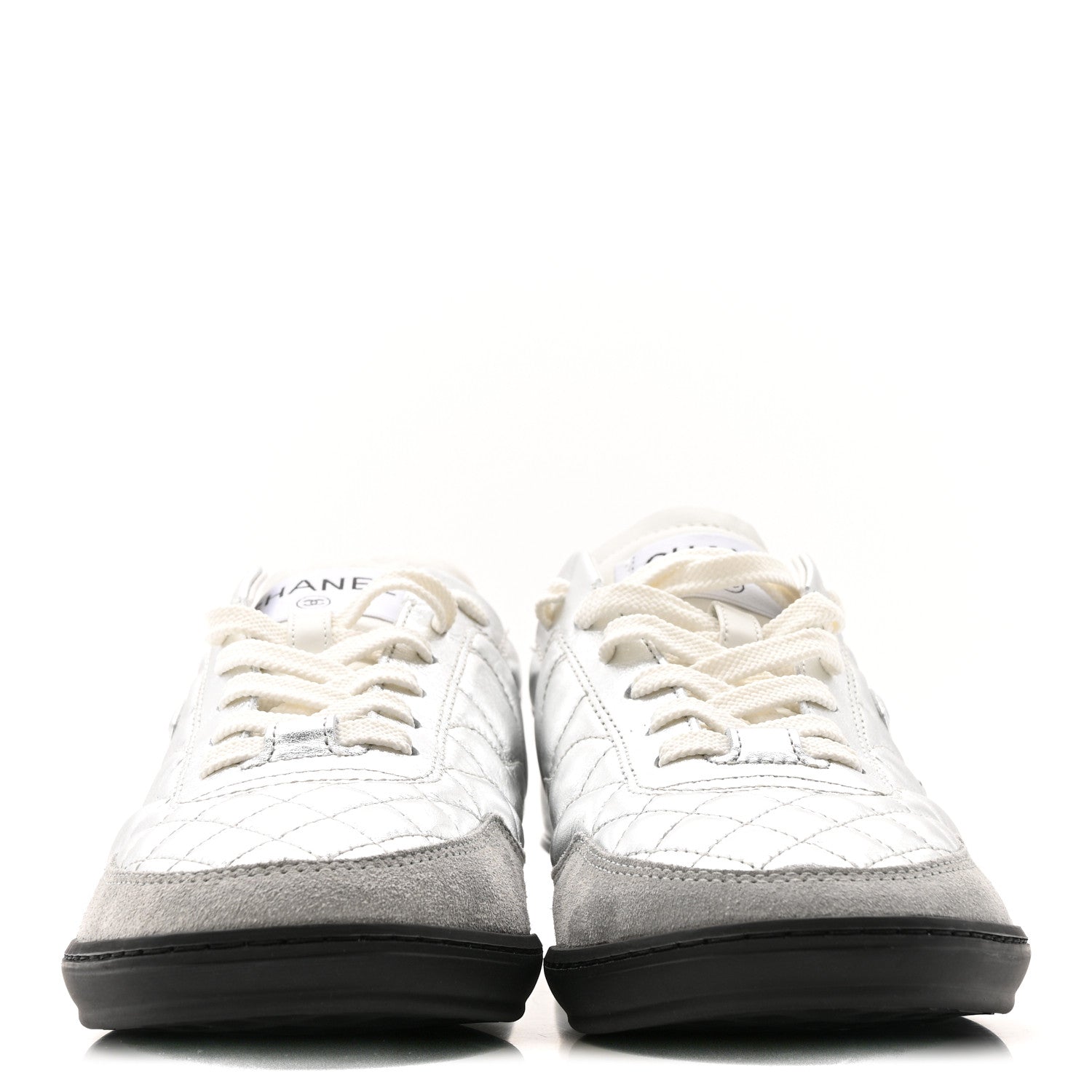 Chanel Laminated Calfskin Suede Quilted Womens CC Sneakers 38 Silver White Gray 2 of 10