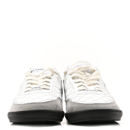 Chanel Laminated Calfskin Suede Quilted Womens CC Sneakers 38 Silver White Gray 2 of 10