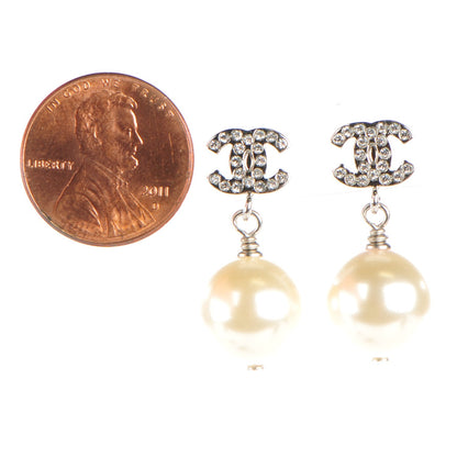 Chanel Crystal Pearl CC Drop Earrings Silver 2 of 5