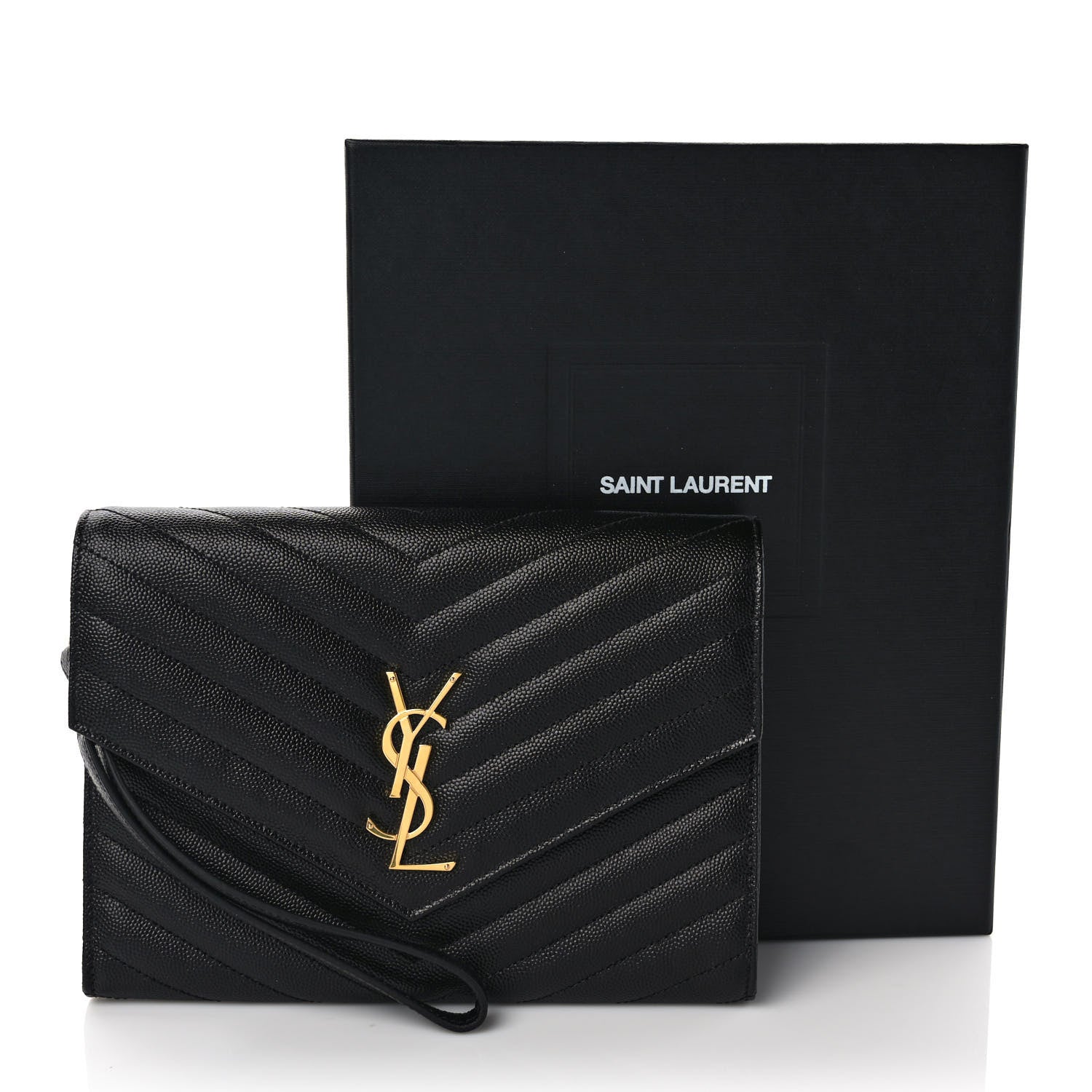 Saint Laurent Grain De Poudre Matelasse Chevron Monogram Envelope Clutch Black 9 of 9