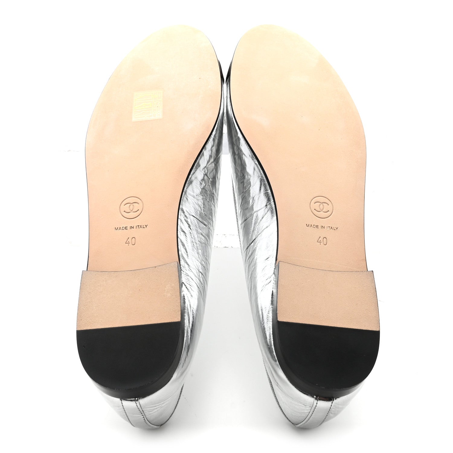 Chanel Laminated Crumpled Lambskin Grosgrain Cap Toe CC Ballerina Flats 40 Silver Black 6 of 10