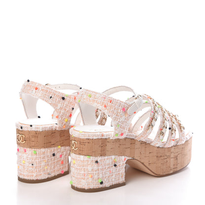 Chanel Tweed Chain Platform Sandals 39 Coral White 4 of 8