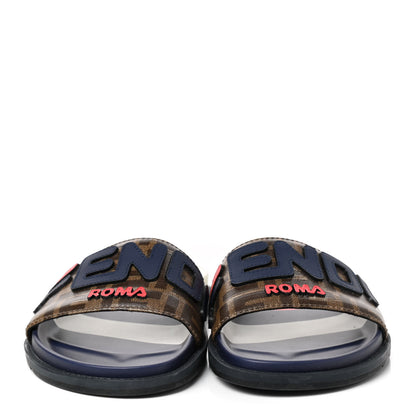 Fendi X FILA Glazed Fabric Calfskin FF 1974 Mania Slide Sandals 7 Mogano Panna Blueberry 2 of 8