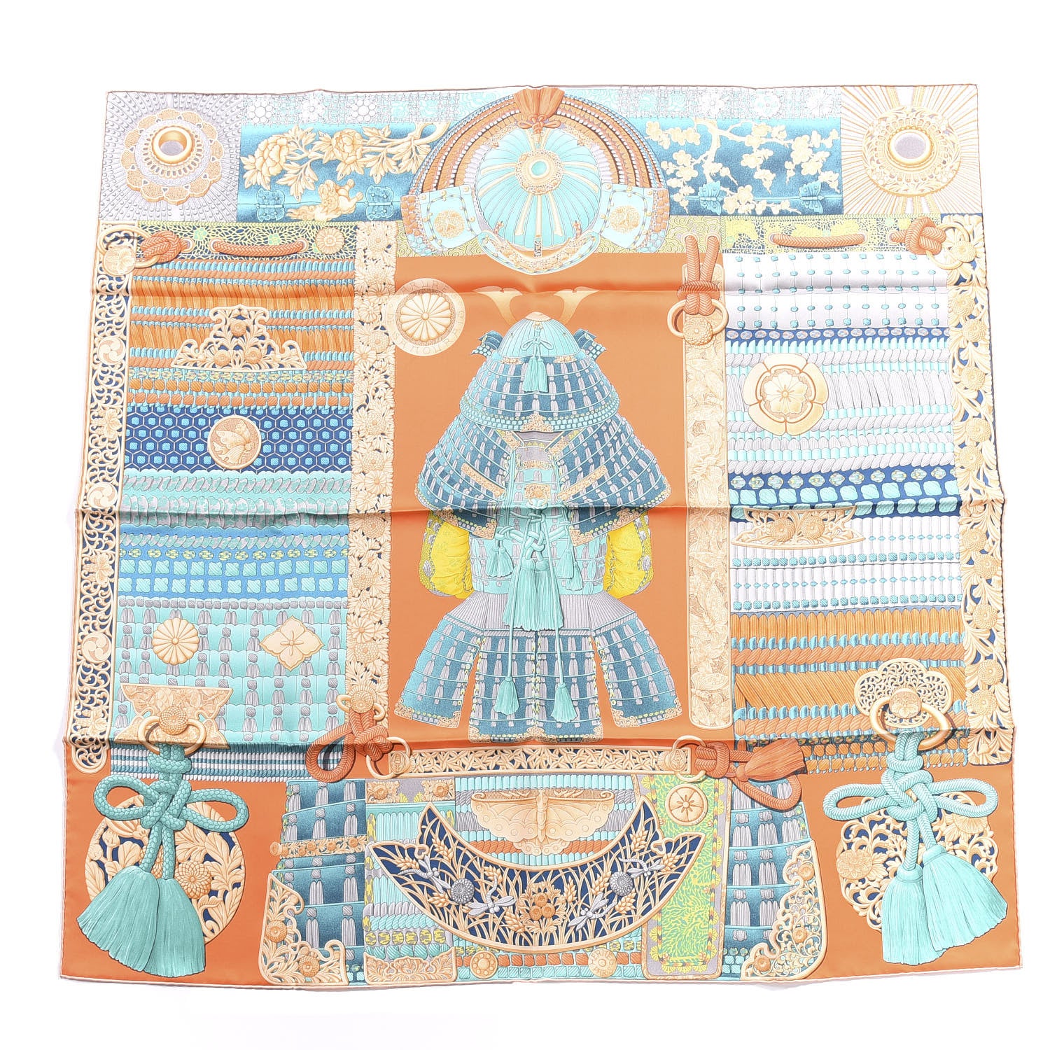Hermes Silk Parures de Samourais Scarf 90 Corail Turquoise Beige 1 of 4