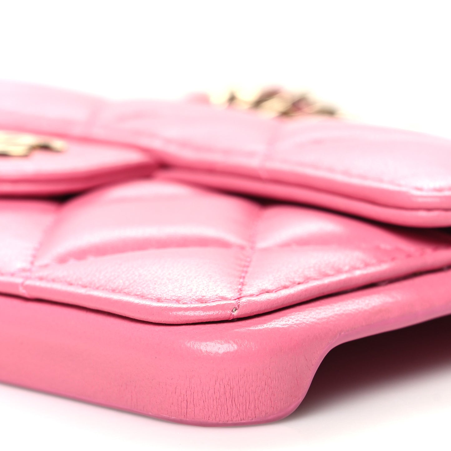 Lambskin Quilted Pearl Crush iPhone XII Pro Holder With Chain Pink