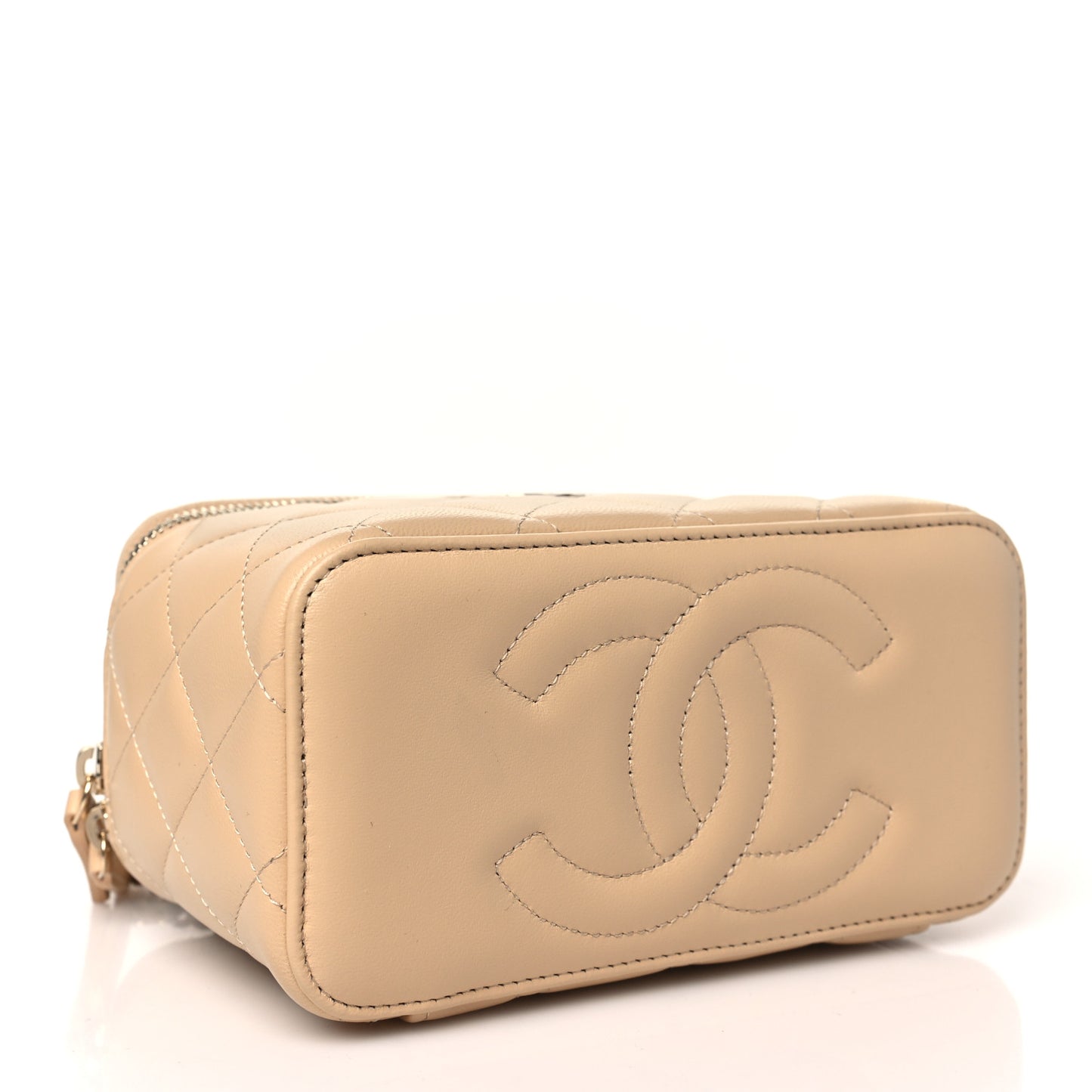 Lambskin Quilted Small Top Handle Vanity Case With Chain Beige