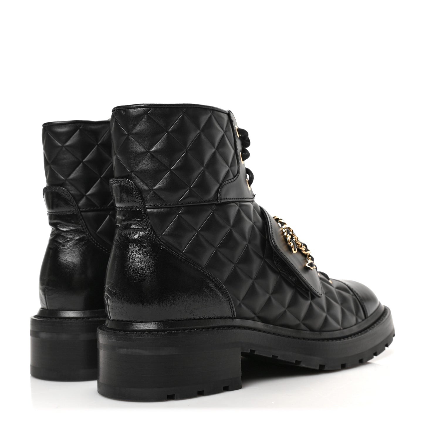 Shiny Calfskin Quilted Lace Up Combat Boots 39 Black
