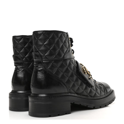 Chanel Shiny Calfskin Quilted Lace Up Combat Boots 39 Black 4 of 6