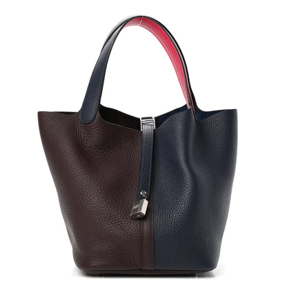 Hermes Taurillon Clemence Casaque Picotin Lock 22 MM Bleu Nuit Framboise Rouge Sellier 1 of 4