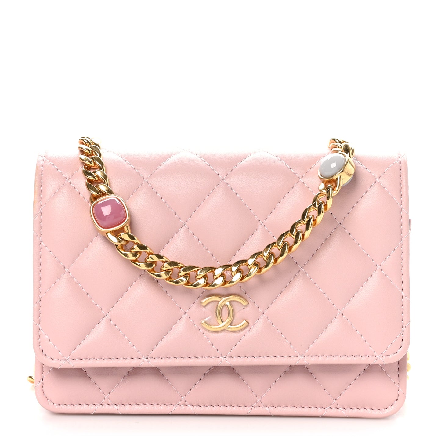 Lambskin Quilted CC Pearl Enamel Clutch on Chain WOC Light Pink
