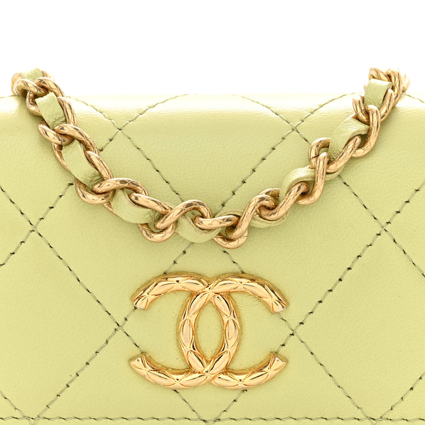 Lambskin Quilted Flap Card Holder On Chain Light Green