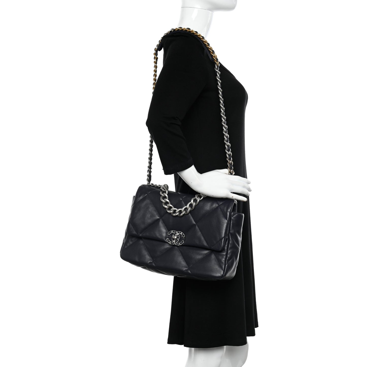 Lambskin Quilted Large Chanel 19 Flap Navy Blue