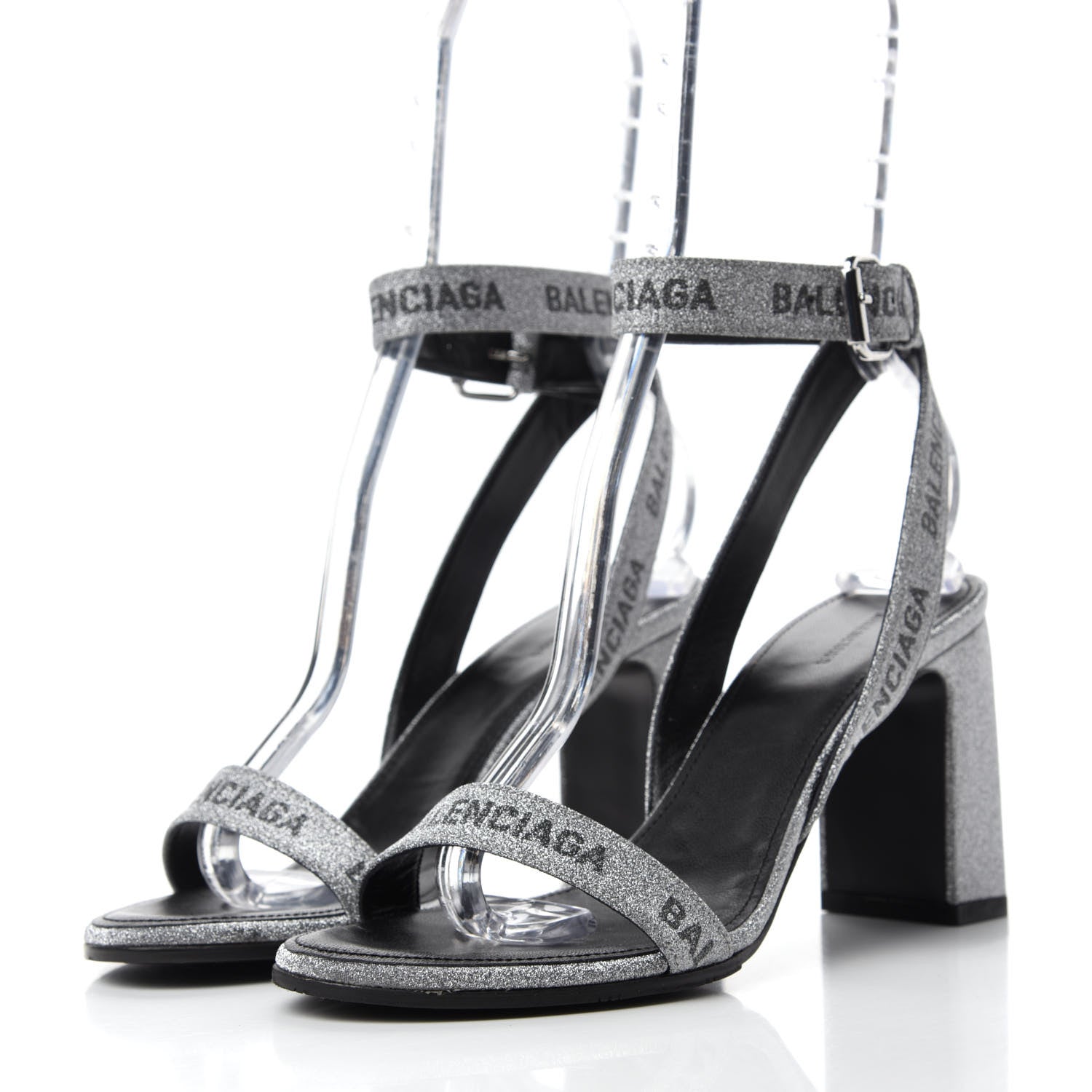 Balenciaga Glitter Allover Logo Ankle Strap Round Heel 80mm Sandals 37 Silver Black 3 of 9