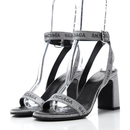 Balenciaga Glitter Allover Logo Ankle Strap Round Heel 80mm Sandals 37 Silver Black 3 of 9