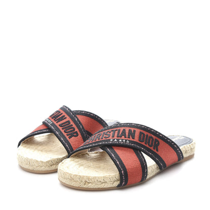 Christian Dior Canvas Embroidered Granville Espadrille Crisscross Flat Slide Sandals 37.5 Spicy Red 3 of 9