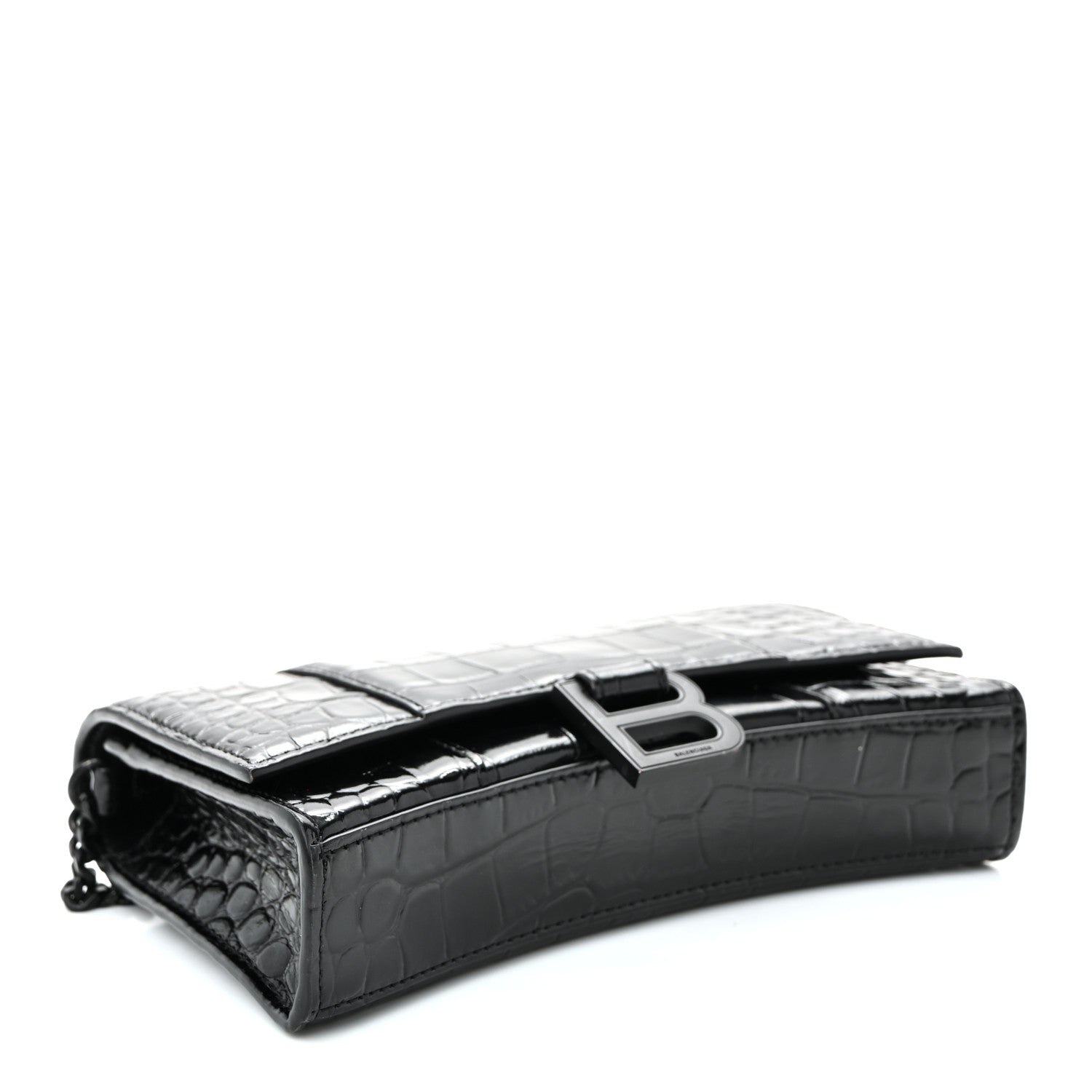 Balenciaga Shiny Calfskin Monochrome Crocodile Embossed Hourglass Chain Bag Black 4 of 10