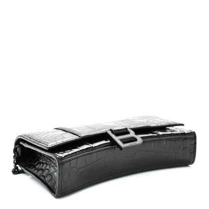 Balenciaga Shiny Calfskin Monochrome Crocodile Embossed Hourglass Chain Bag Black 4 of 10