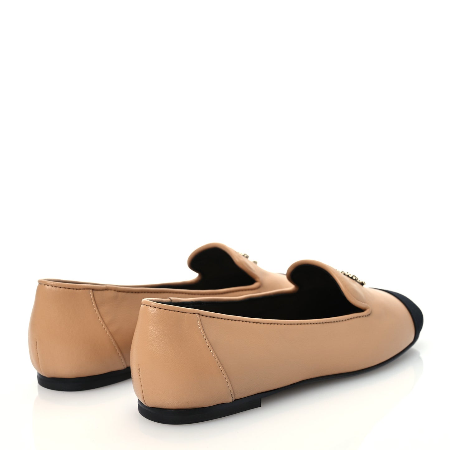 Lambskin Grosgrain Cap Toe CC Moccasin Loafers 35 Beige Black