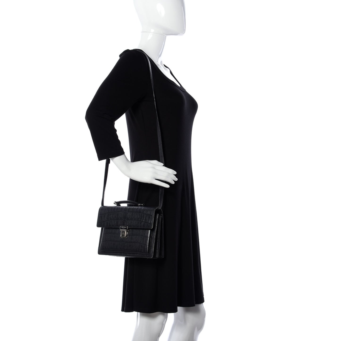 Calfskin Crocodile Embossed Medium High School Satchel Navy