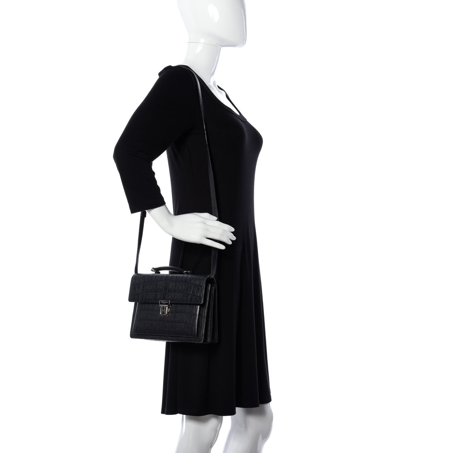 Saint Laurent Calfskin Crocodile Embossed Medium High School Satchel Navy 2 of 10