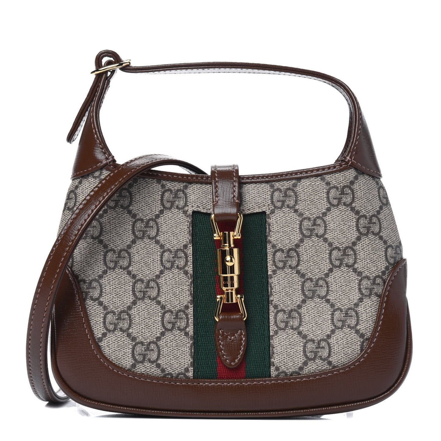 GG Supreme Monogram Azalea Calfskin Web Mini Jackie 1961 Hobo Beige Ebony Brown Sugar