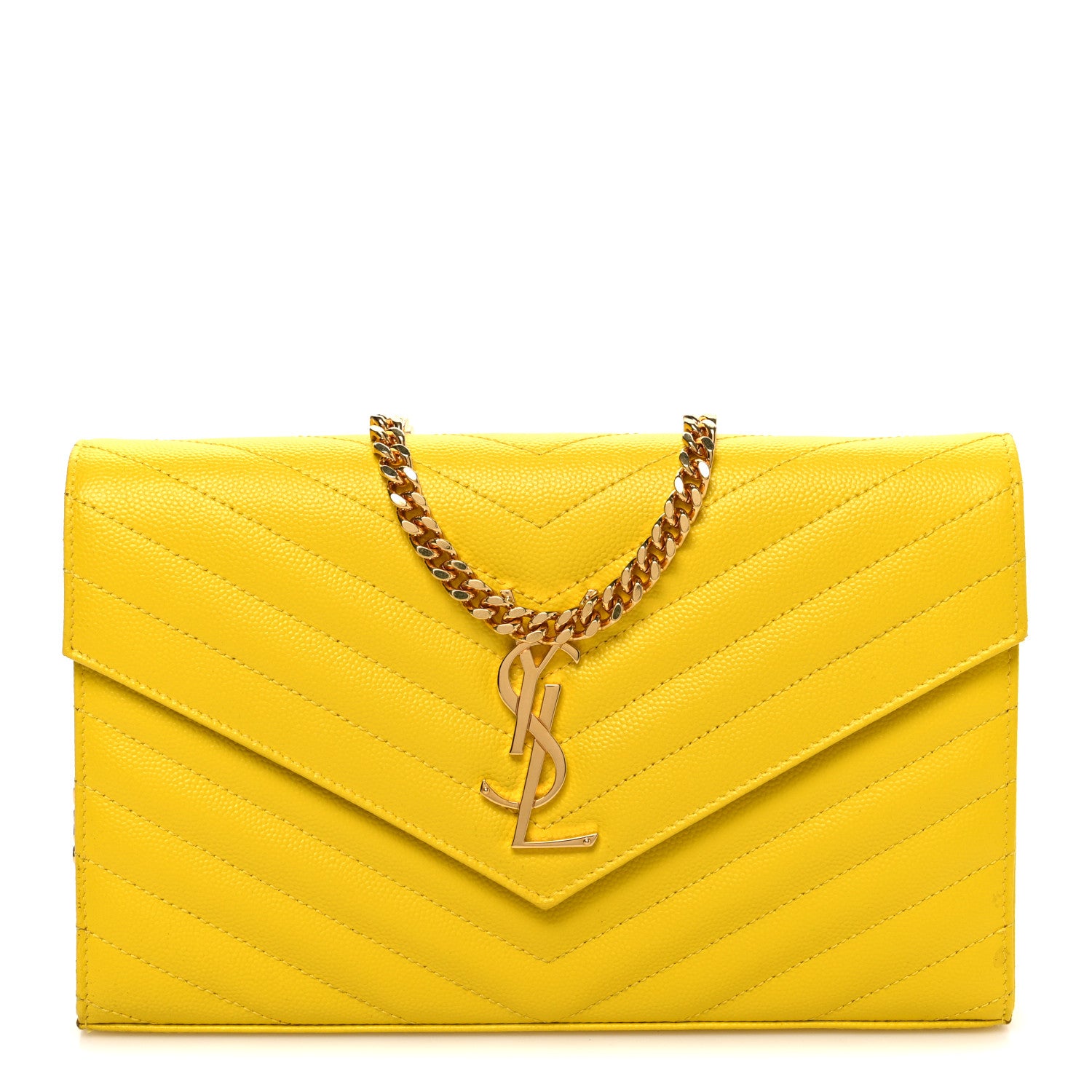 Saint Laurent Grain De Poudre Matelasse Chevron Monogram Chain Wallet Yellow 1 of 11