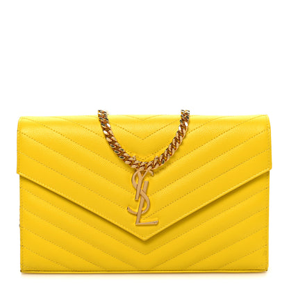 Saint Laurent Grain De Poudre Matelasse Chevron Monogram Chain Wallet Yellow 1 of 11