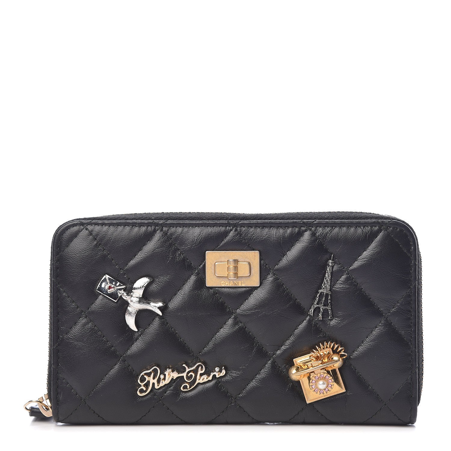 Chanel Aged Calfskin Quilted Small Lucky Charms 2.55 Reissue Zip Around Wallet Black 1 of 8