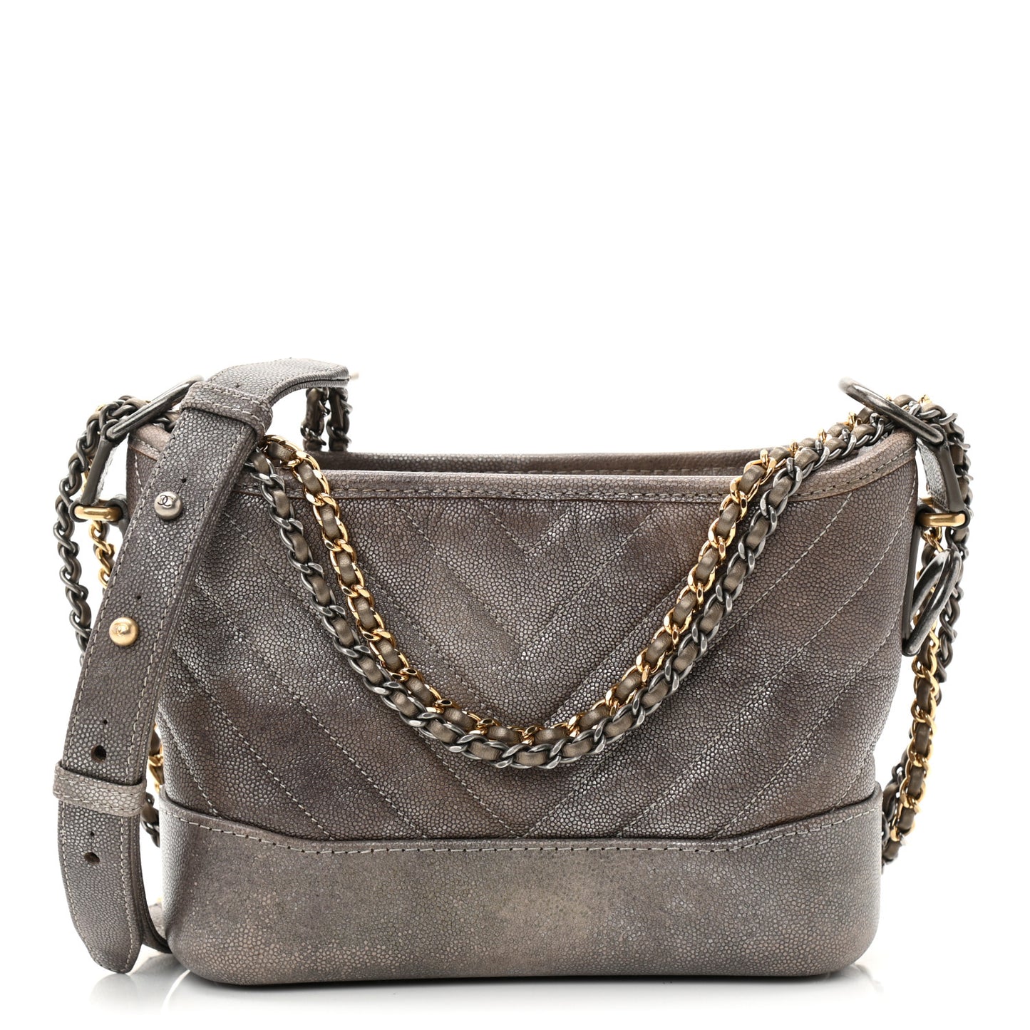 Metallic Caviar Chevron Quilted Small Gabrielle Hobo Light Silver Gold