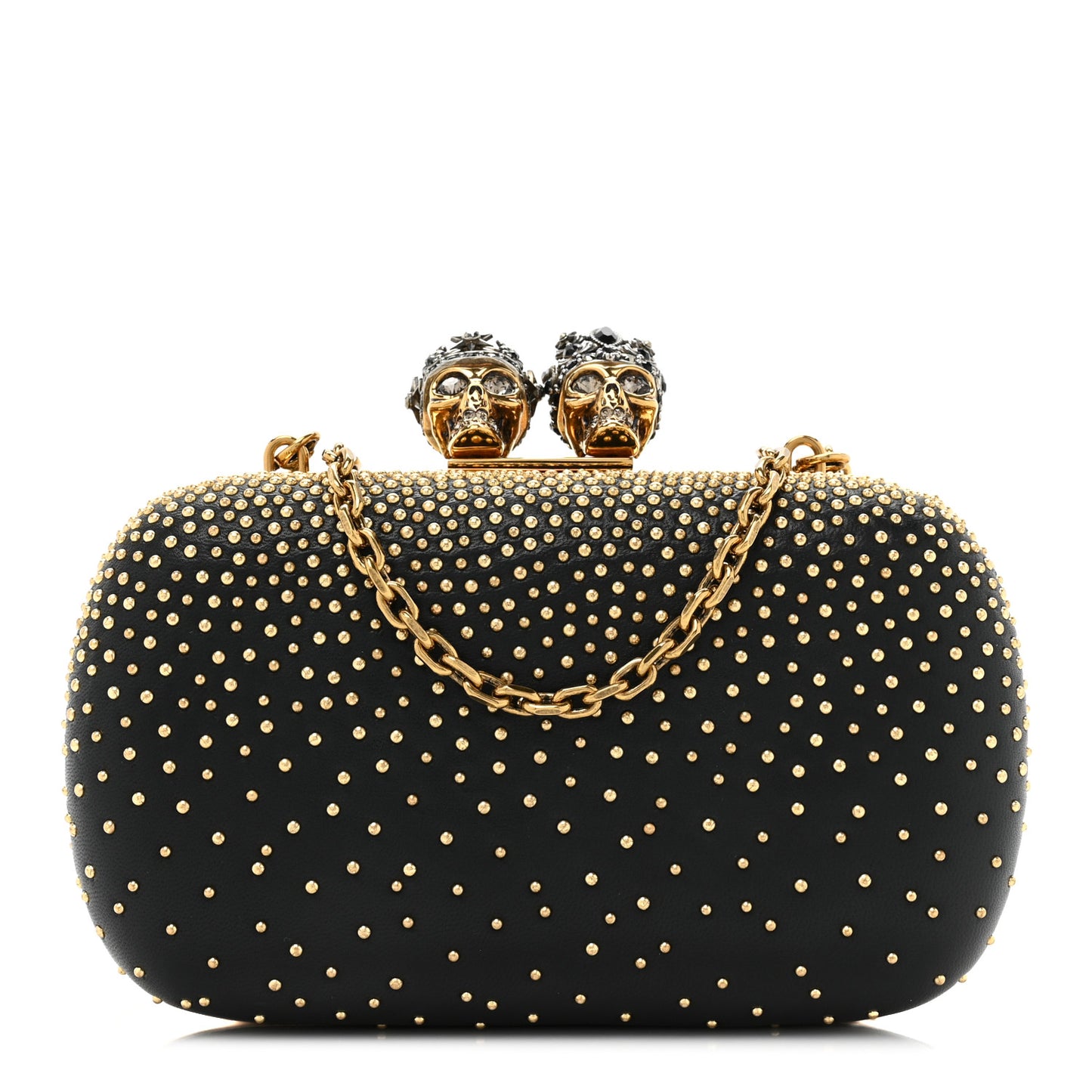 Crystal Nappa Queen and King Skull Box Chain Clutch Black Gold