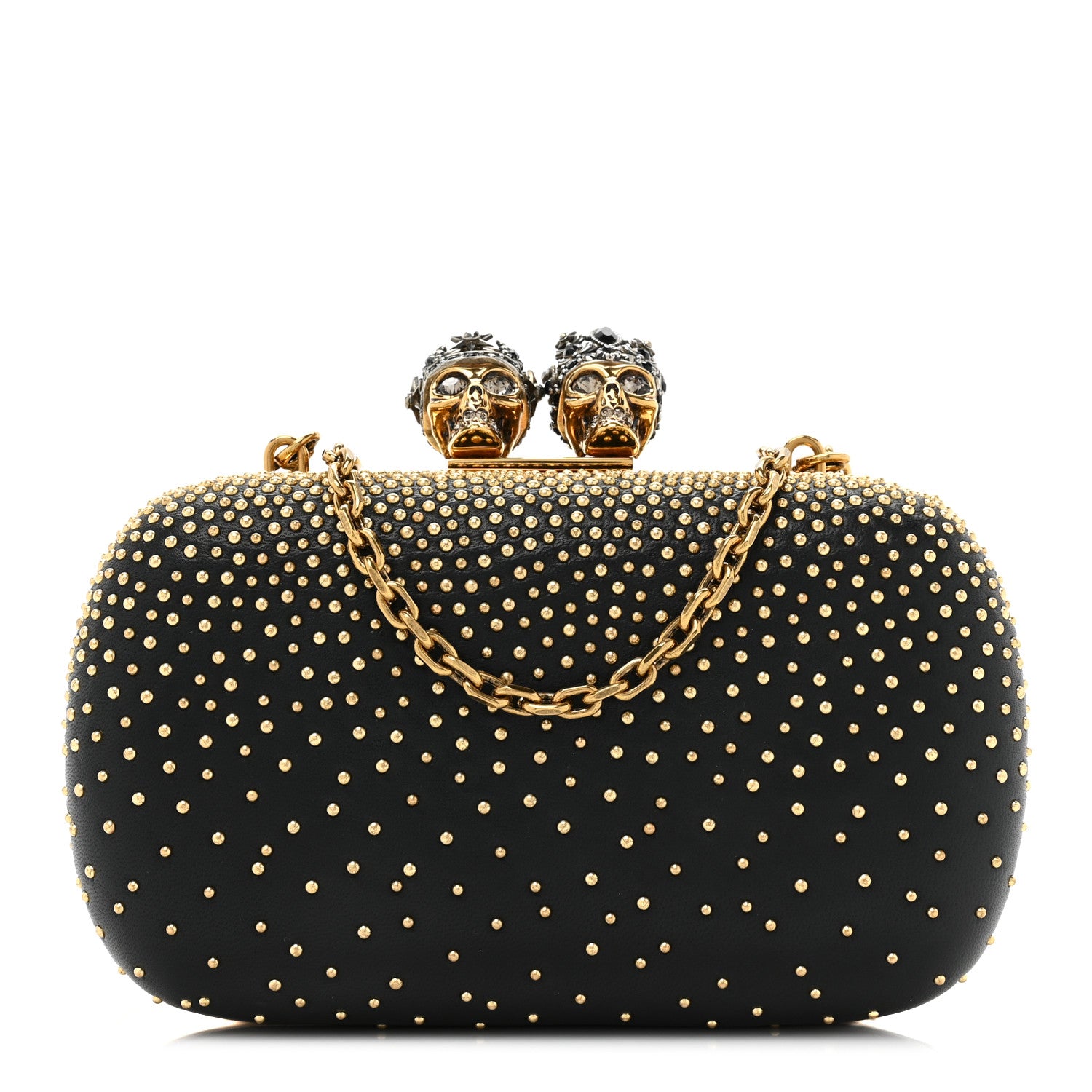 Alexander McQueen Crystal Nappa Queen and King Skull Box Chain Clutch Black Gold 1 of 9