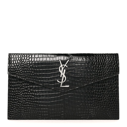 Saint Laurent Calfskin Crocodile Embossed Uptown Monogram Pouch Black 1 of 8