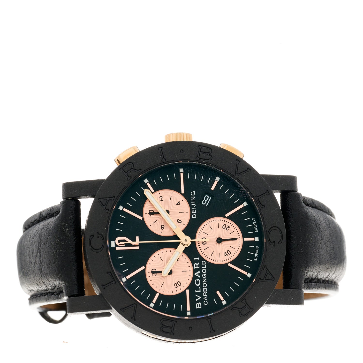 Bulgari Carbon 18K Rose Gold Calfskin 38mm Carbongold Marbella Quartz Watch Black 2 of 4