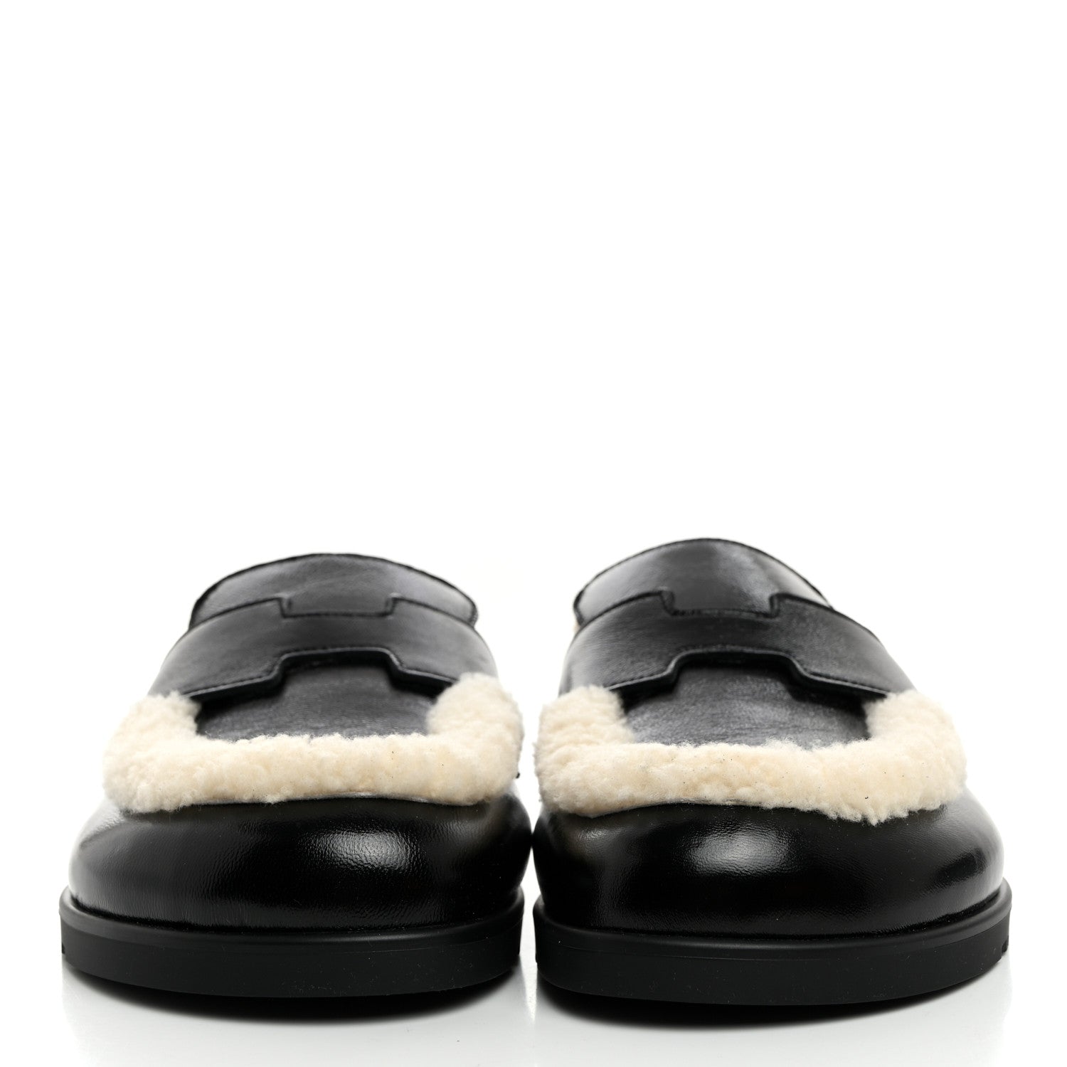 Hermes Glazed Nappa Shearling Shearling Go Mules 37 Black Ecru 2 of 10
