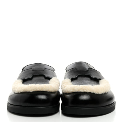 Hermes Glazed Nappa Shearling Shearling Go Mules 37 Black Ecru 2 of 10