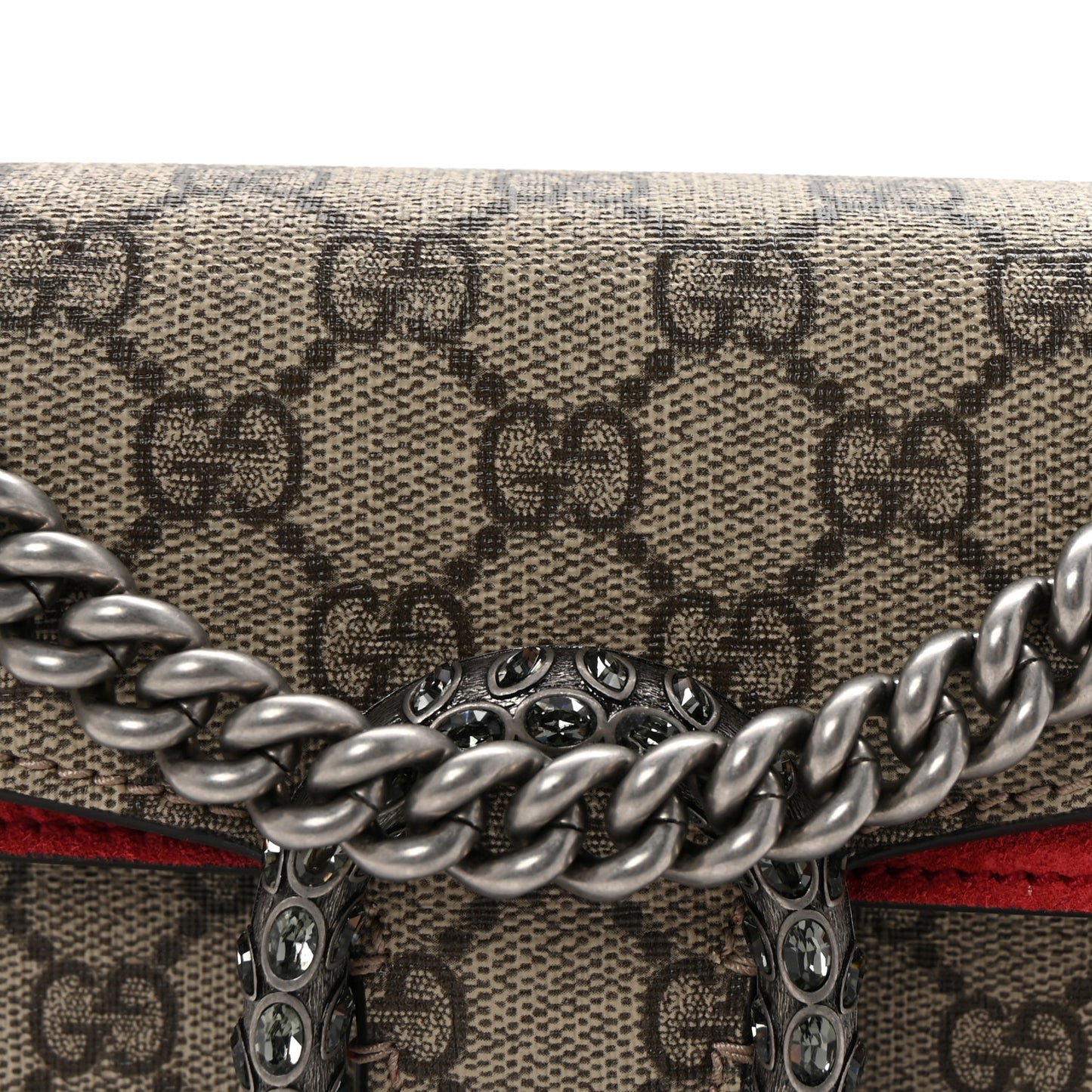 GG Supreme Monogram Suede Crystal Small Dionysus Shoulder Bag Beige Ebony Vulcanic Red