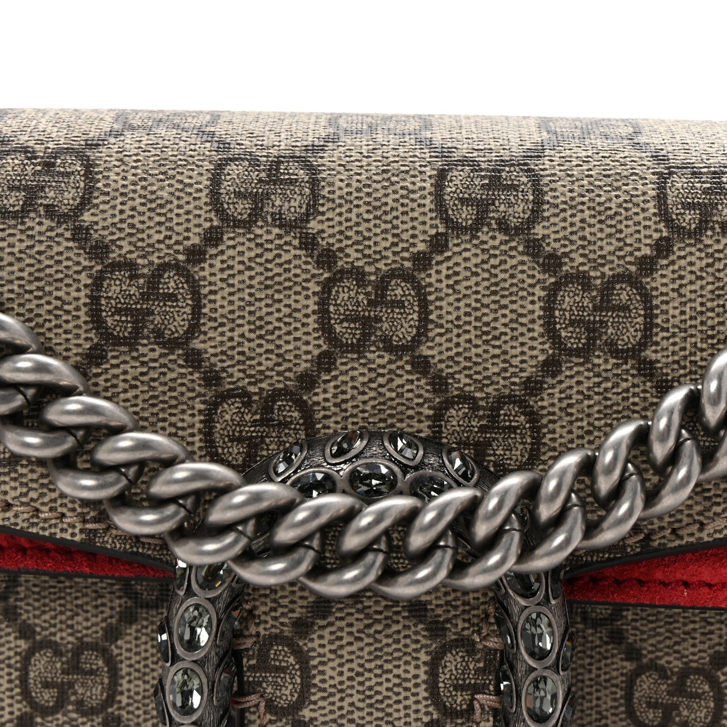 Gucci GG Supreme Monogram Suede Crystal Small Dionysus Shoulder Bag Beige Ebony Vulcanic Red 7 of 9