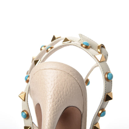 Valentino Garavani Pebbled Calfskin Turquoise Rockstud Rolling Ankle Strap 100mm Pumps 36 Ivory 11 of 11
