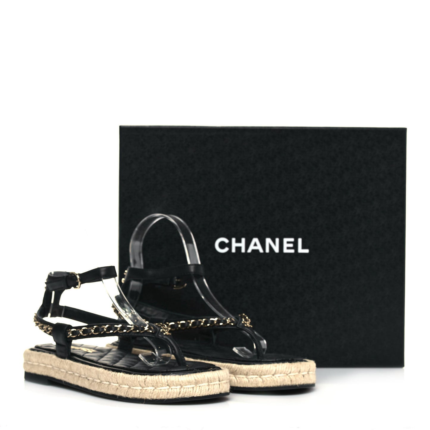 Lambskin Chain CC Thong Espadrille Sandals 37 Black