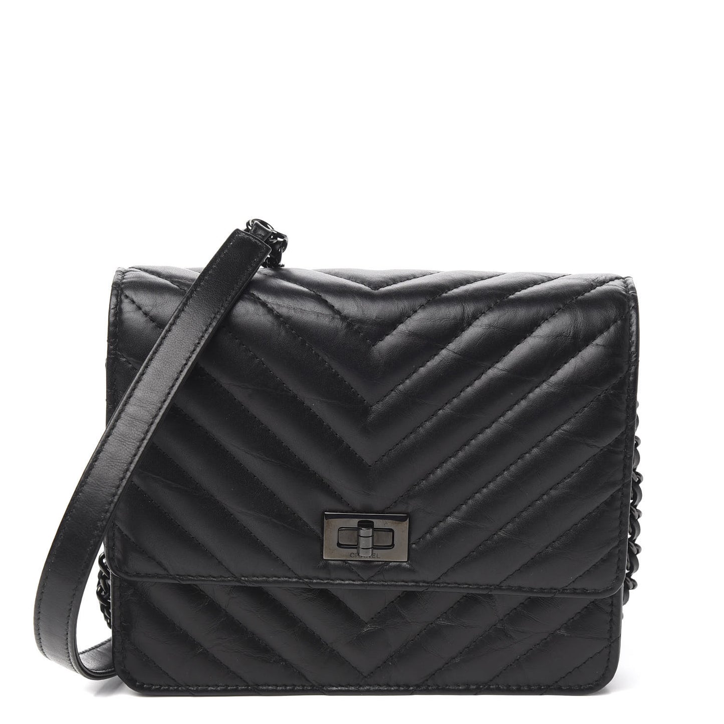 Aged Calfskin Chevron Quilted Reissue 2.55 Square Wallet On Chain WOC So Black