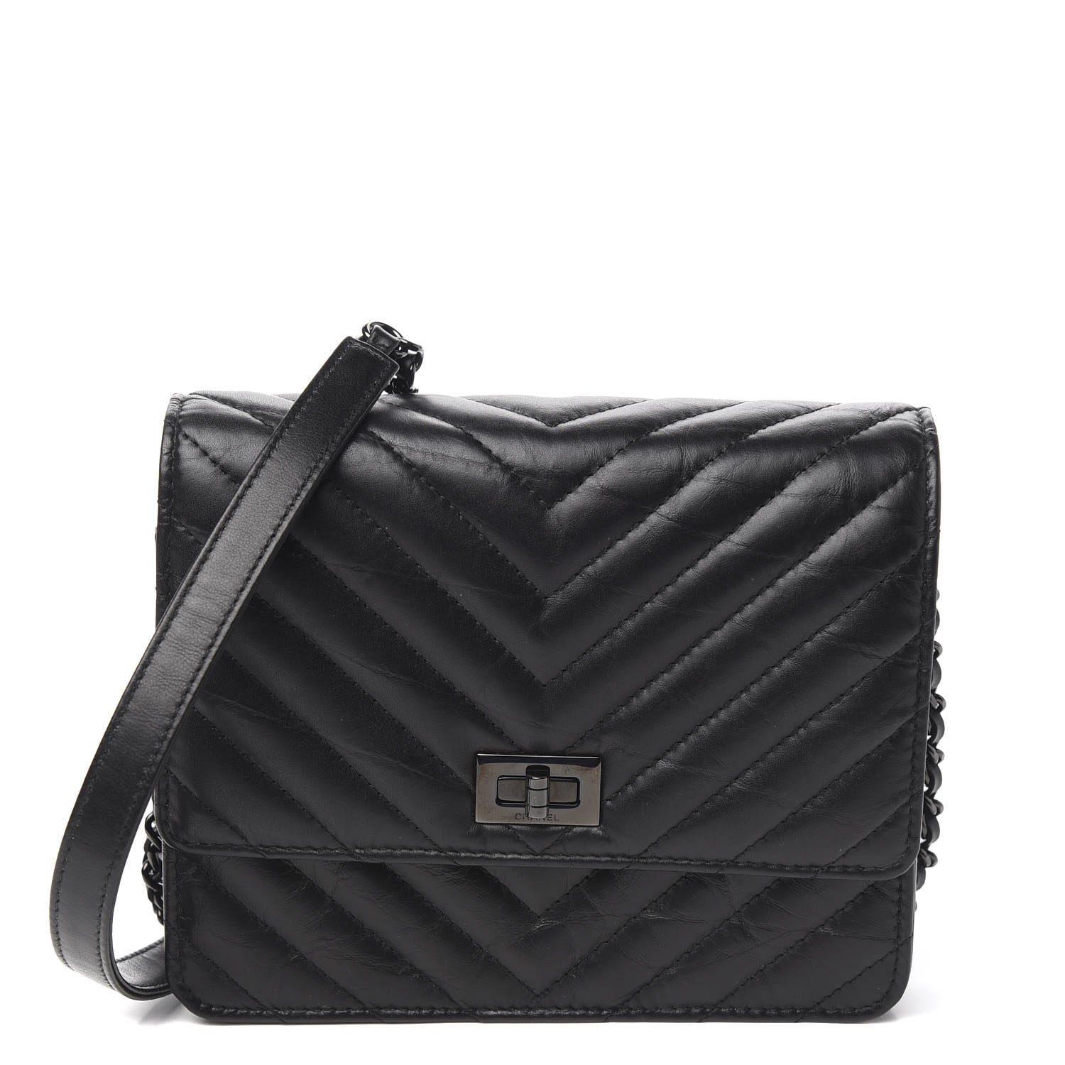 Chanel Aged Calfskin Chevron Quilted Reissue 2.55 Square Wallet On Chain WOC So Black 1 of 11