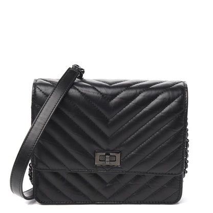 Chanel Aged Calfskin Chevron Quilted Reissue 2.55 Square Wallet On Chain WOC So Black 1 of 11