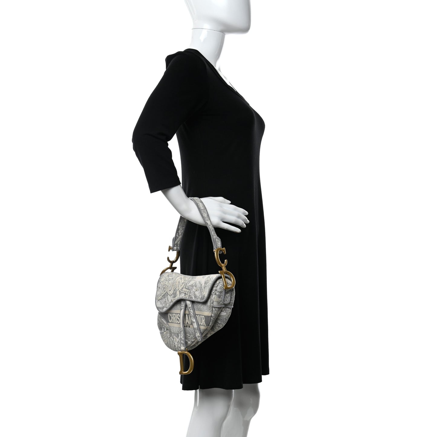 Canvas Embroidered Toile de Jouy Saddle Bag Gray