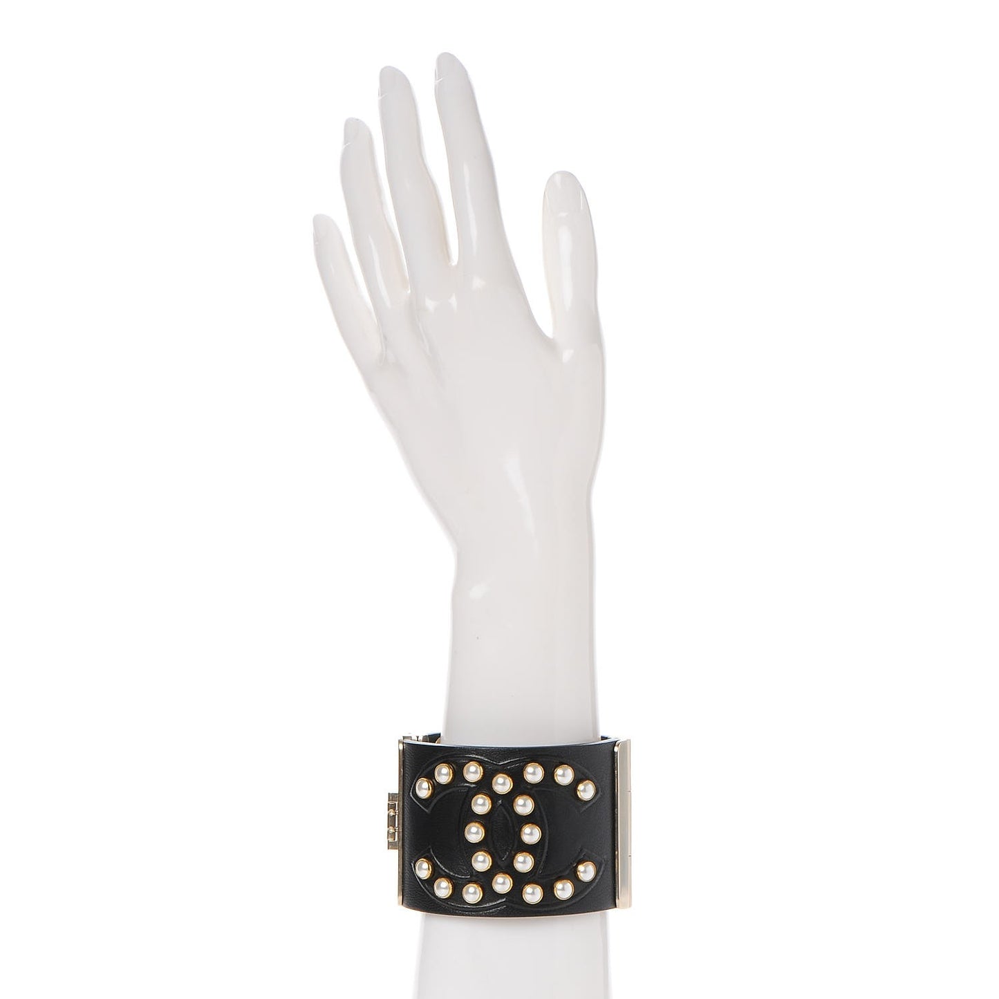 Lambskin Calfskin Pearl CC Cuff Bracelet Black Gold