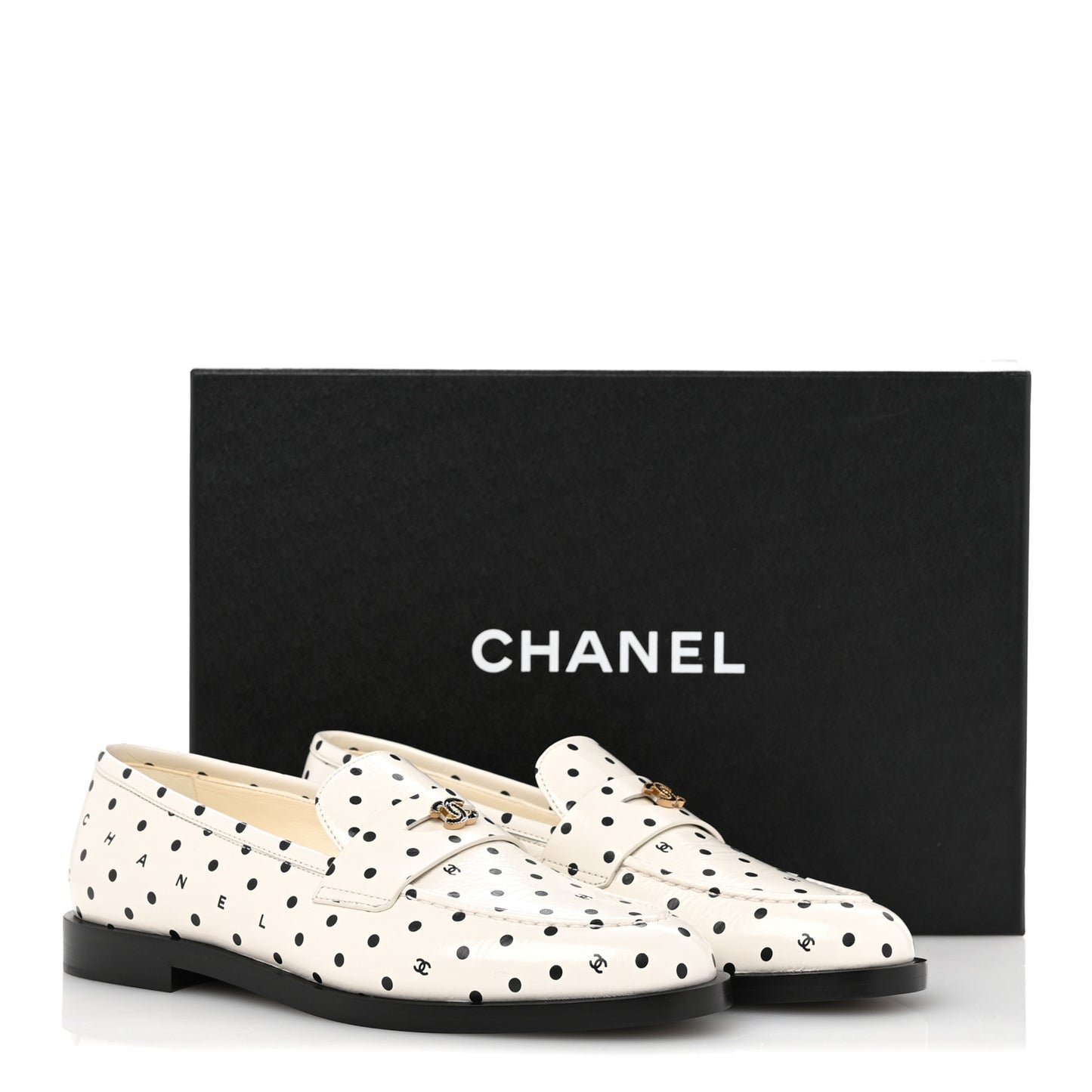Printed Calfskin CC Dots Moccasin Loafers 36 Ivory Black